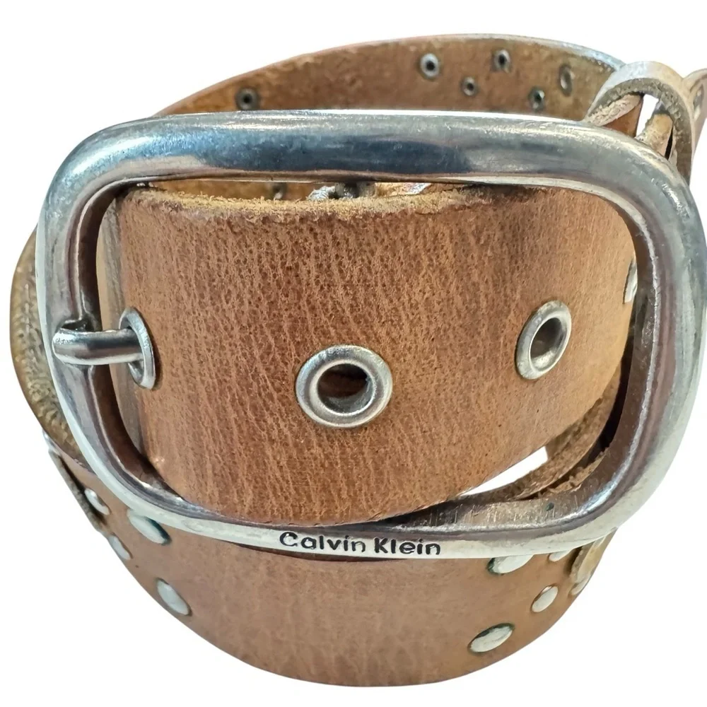 Calvin Klein Studded Leather Belt | Brown Western Boho | Silver Buckle XL